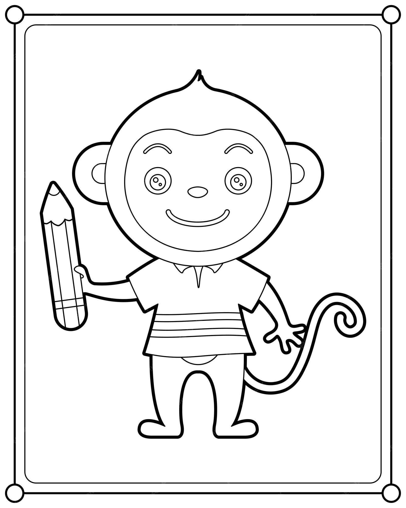 Premium vector cute monkey holding pencil suitable for childrens coloring page vector illustration