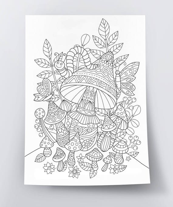 Adult coloring page magic mushrooms doodle art diy coloring poster printable pdf instant download