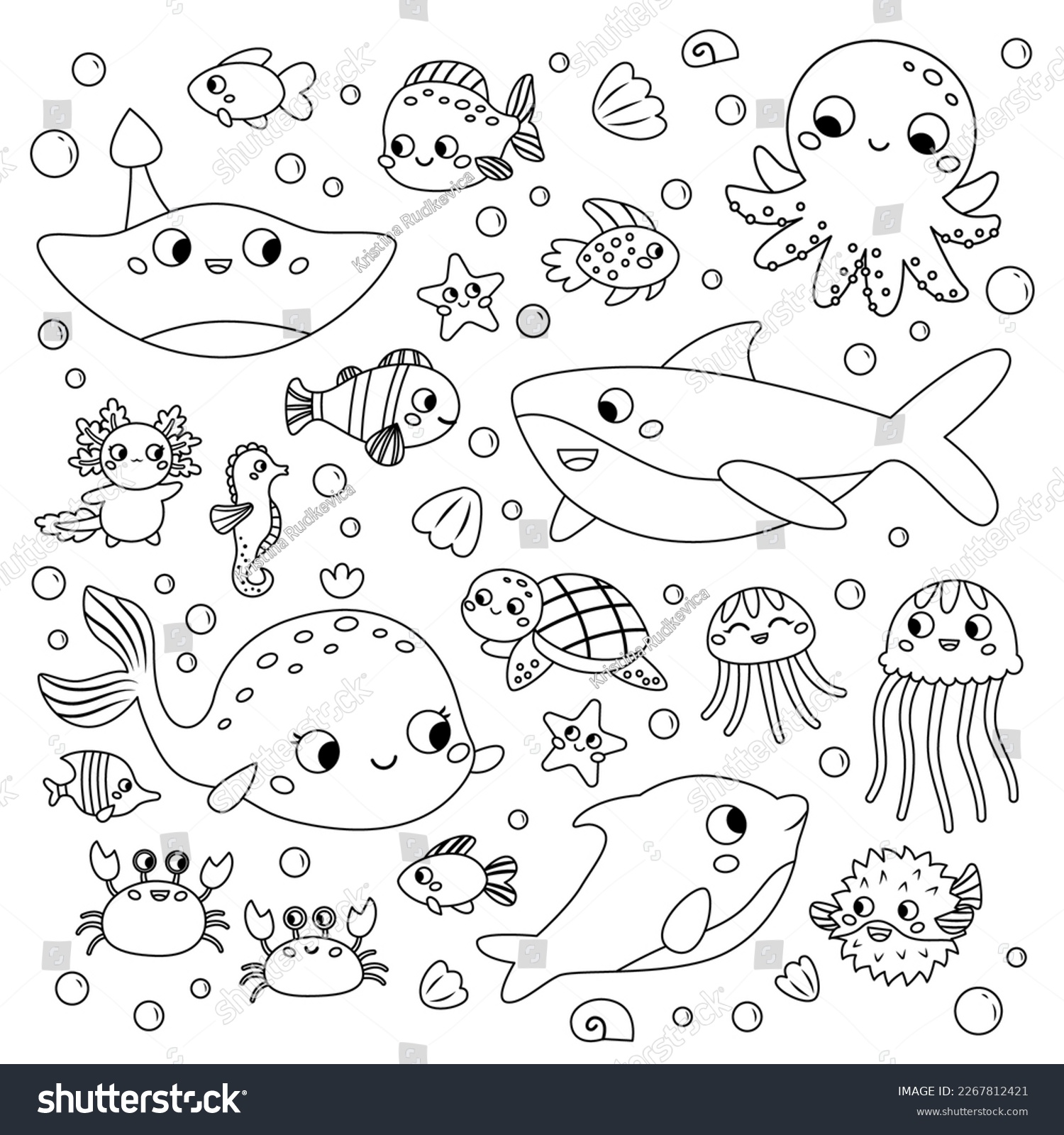 Coloring page sea animals cute cartoon stockvektor royaltyfri