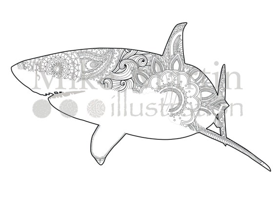 Printable great white shark coloring page instant download adult coloring page