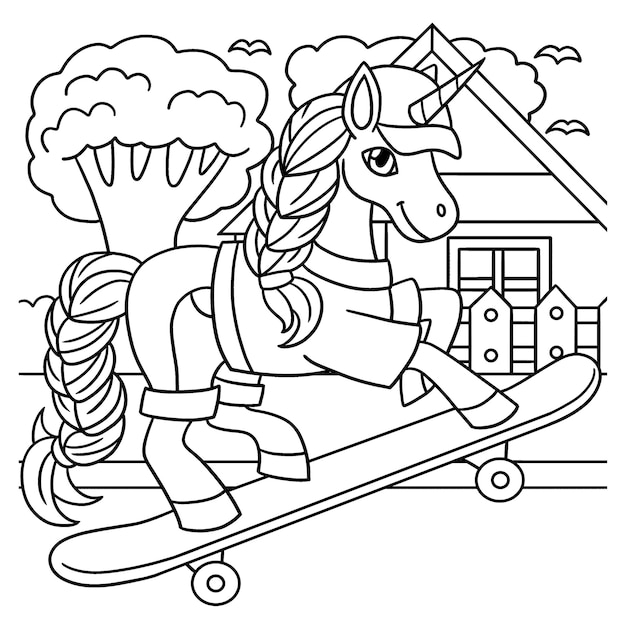 Premium vector unicorn skating on a skateboard coloring page