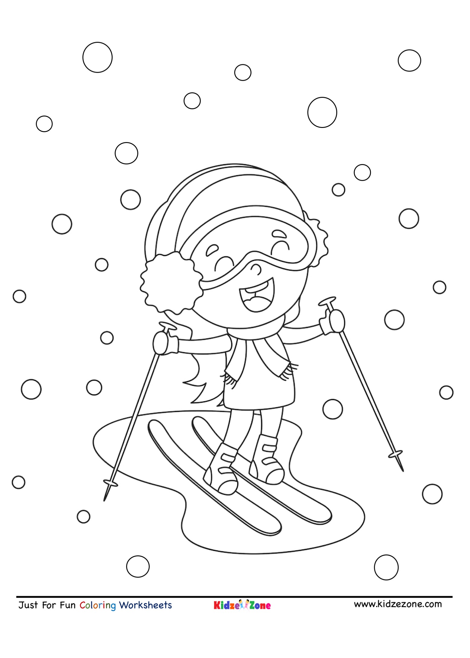 Girl skiing in snow cartoon coloring page