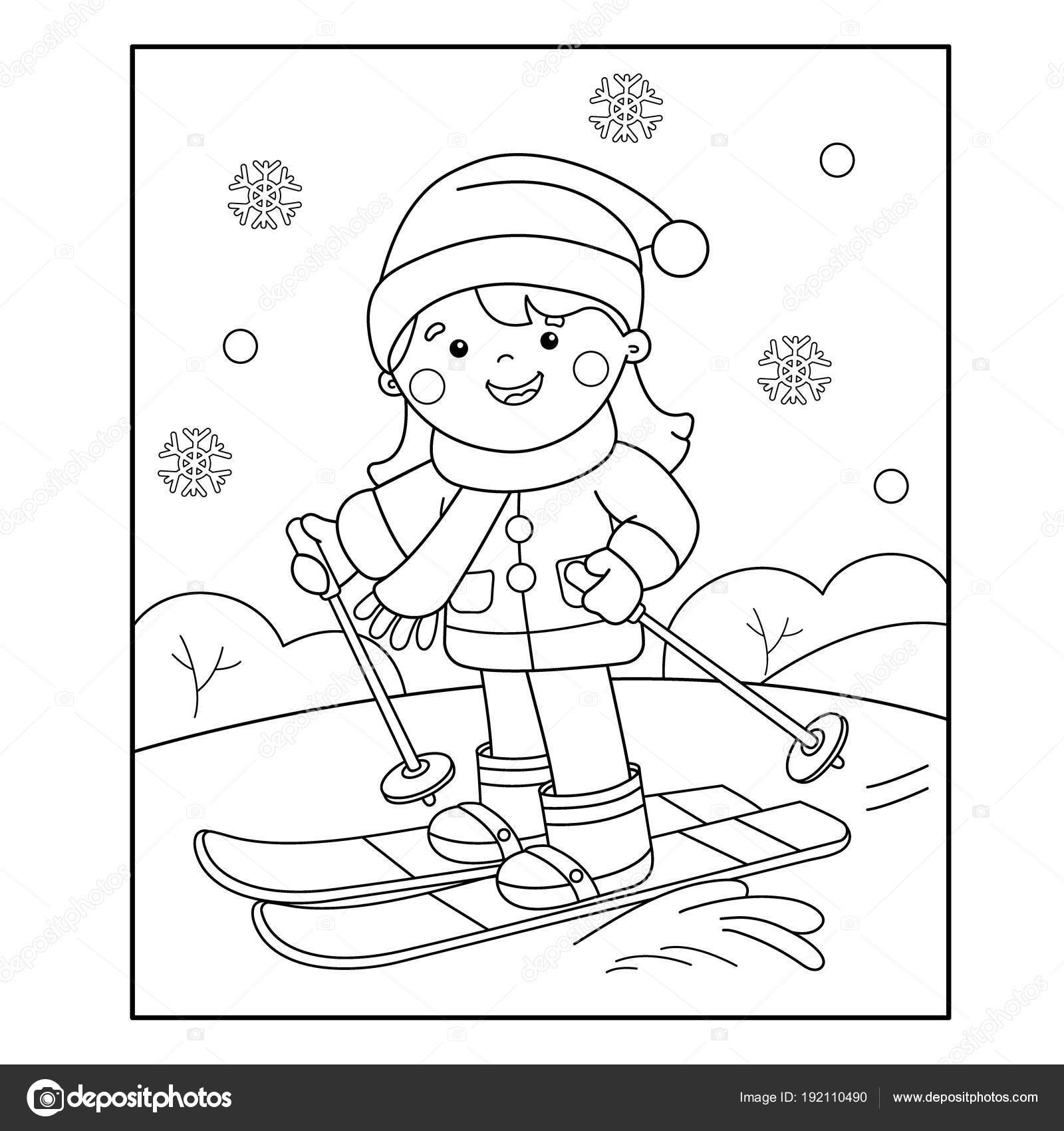 Coloring page outline of cartoon girl skiing winter sports coloring book for kids stock vector by oleon