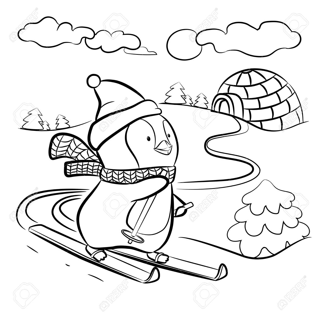 Kids coloring page penguin on skis illustration stock photo picture and royalty free image image