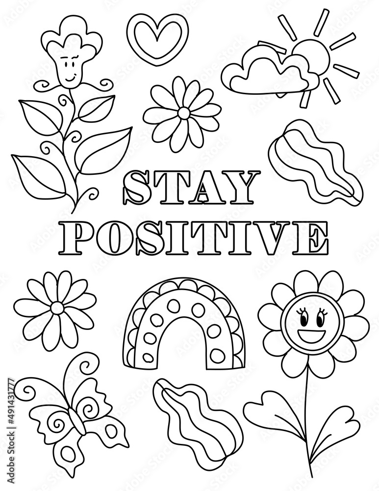 Good vibes positive groovy hand drawn coloring pages for kids and adults beautiful drawings with patterns and small details coloring book pictures with blooming branches flowers smile stickers vector