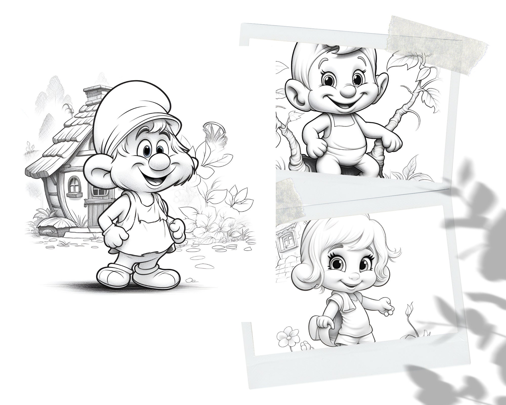 Cute smurfs coloring book adults kids coloring pages instant download grayscale coloring book printable pdf file