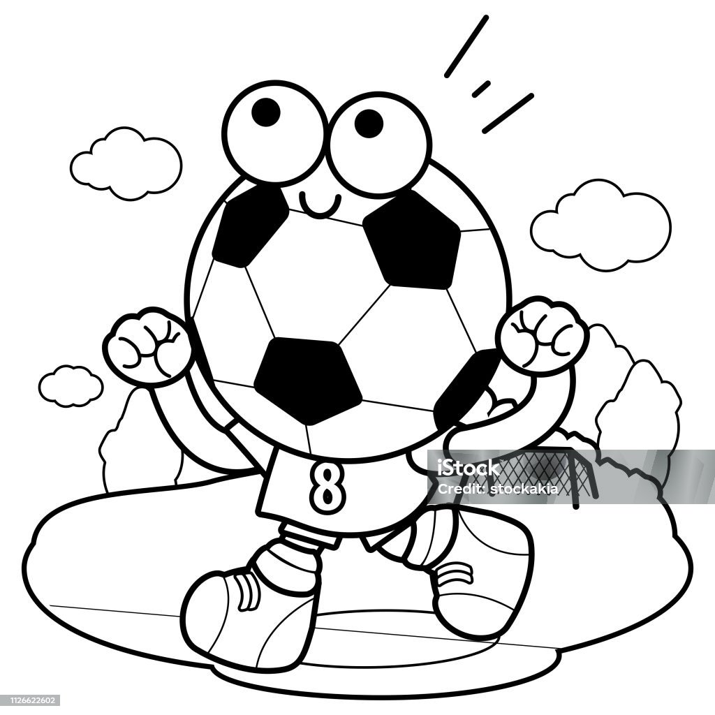 Cheering soccer ball character vector black and white coloring book page stock illustration