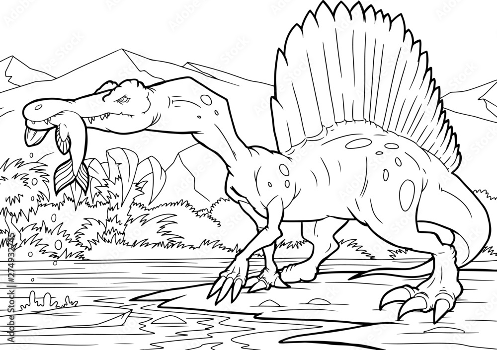 Coloring book spinosaurus vector