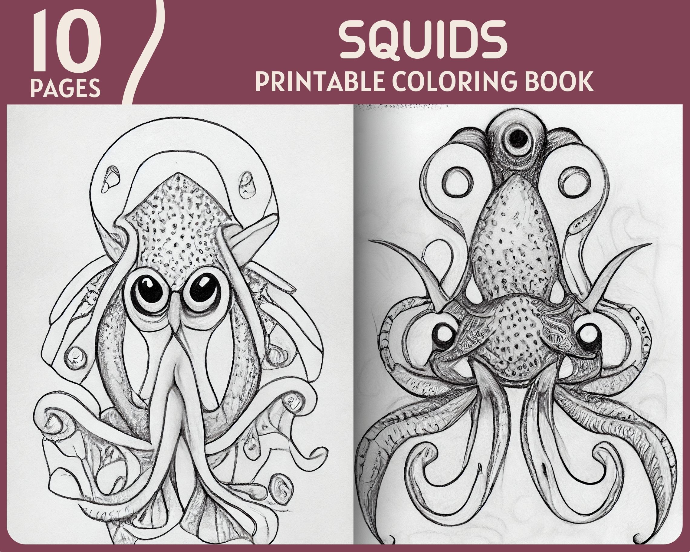 Squids coloring pages sea animal squid illustrations printable coloring book grayscale coloring page instant download