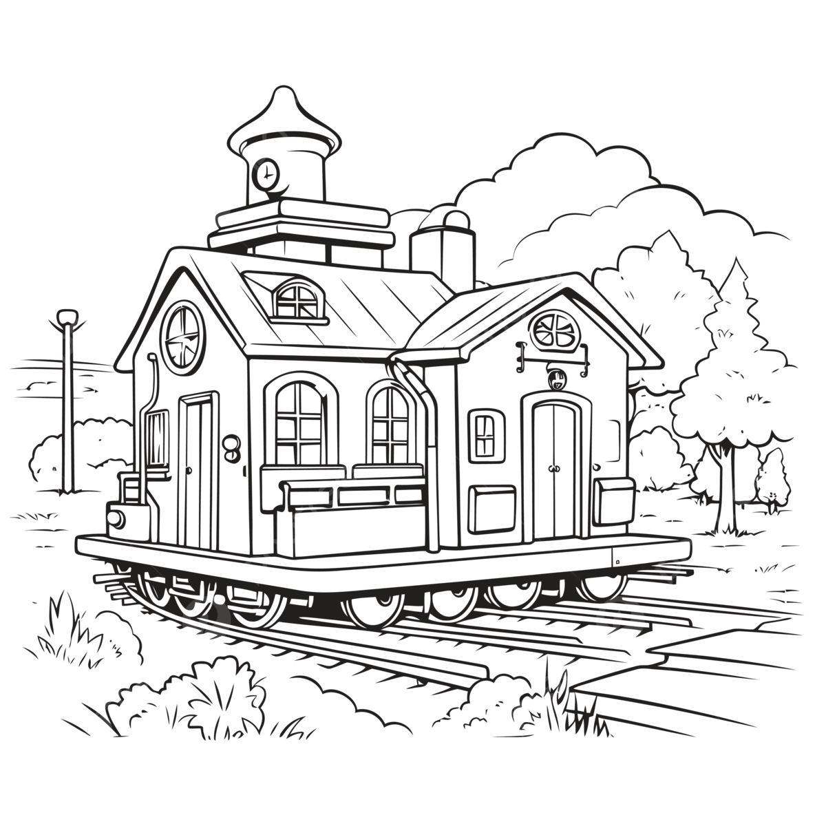 Train coloring page with house inside outline sketch drawing vector house drawing train drawing wing drawing png and vector with transparent background for free download