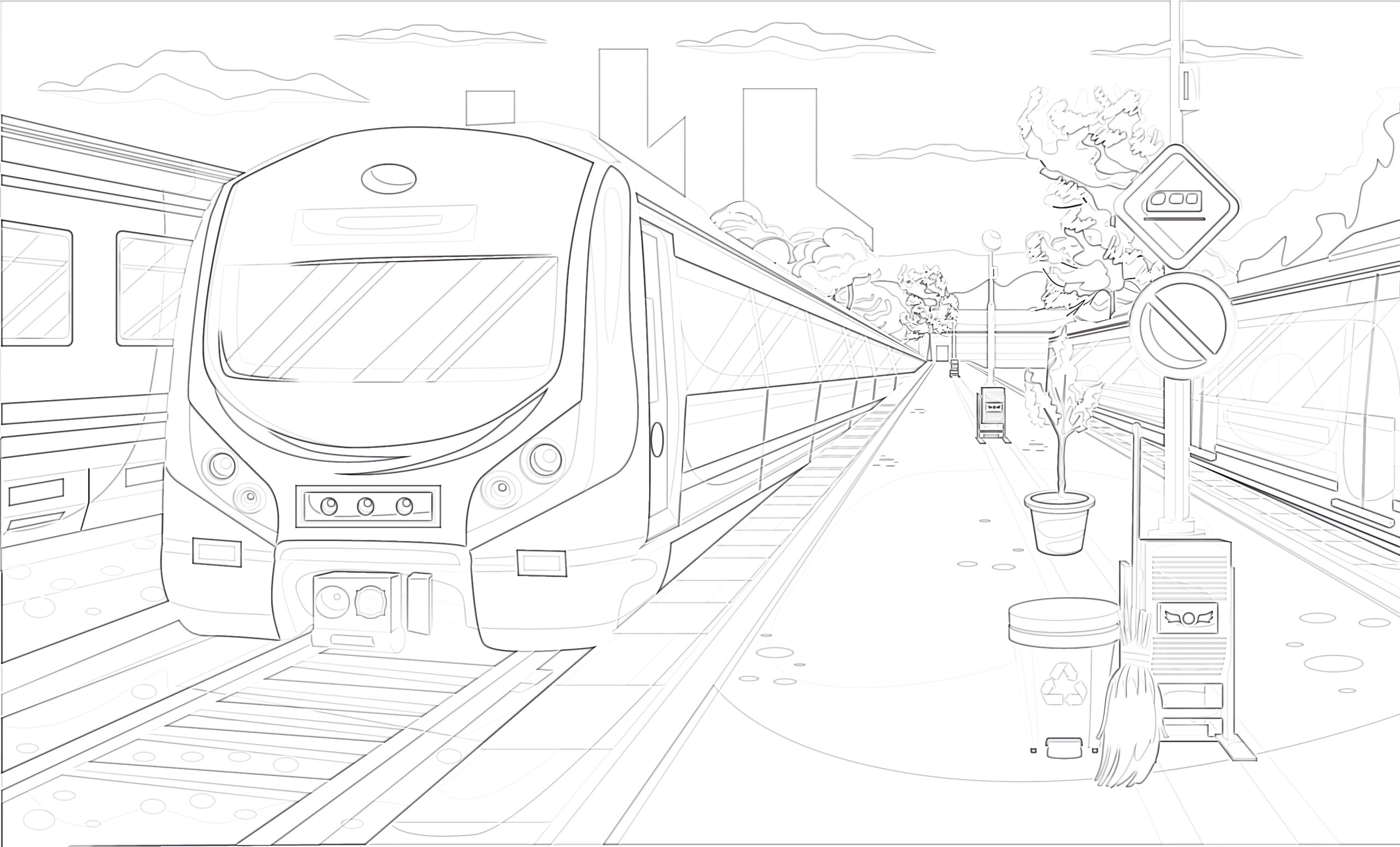 Train station with electric train lootive coloring page