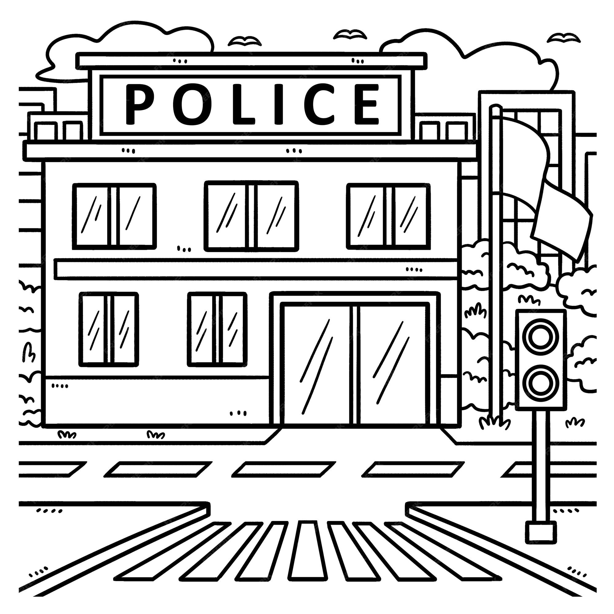 Premium vector police station coloring page for kids