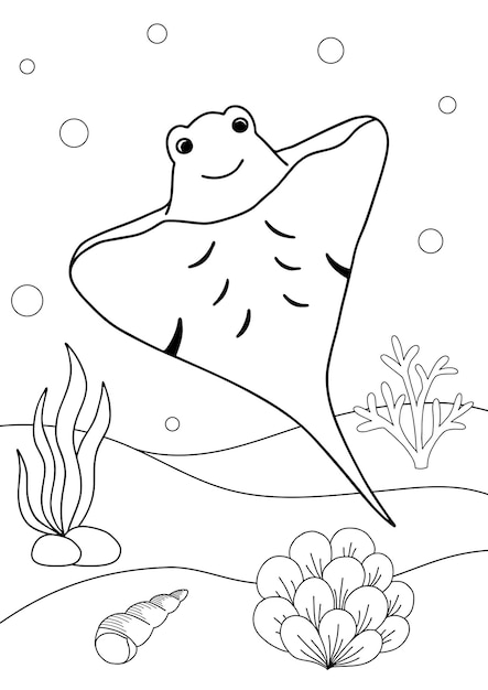 Premium vector cute cartoon stingray coloring book or page for kids marine life