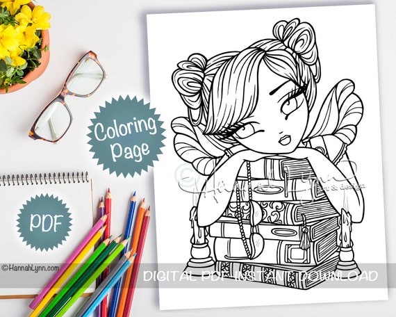 Story time fairy books reading library girl coloring page pdf download printable big eye hand drawn whimsy girls line art hannah lynn