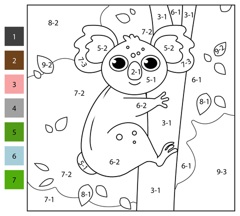 Subtraction color by number koala free printable coloring pages