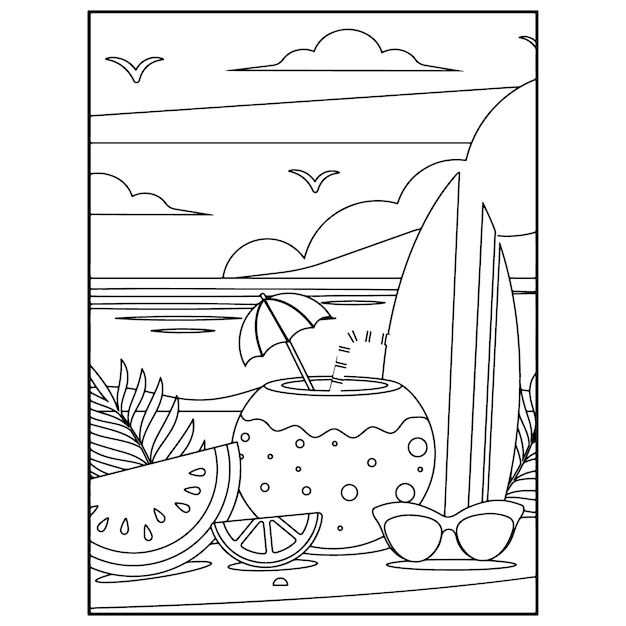 Premium vector summer beach coloring pages for kids