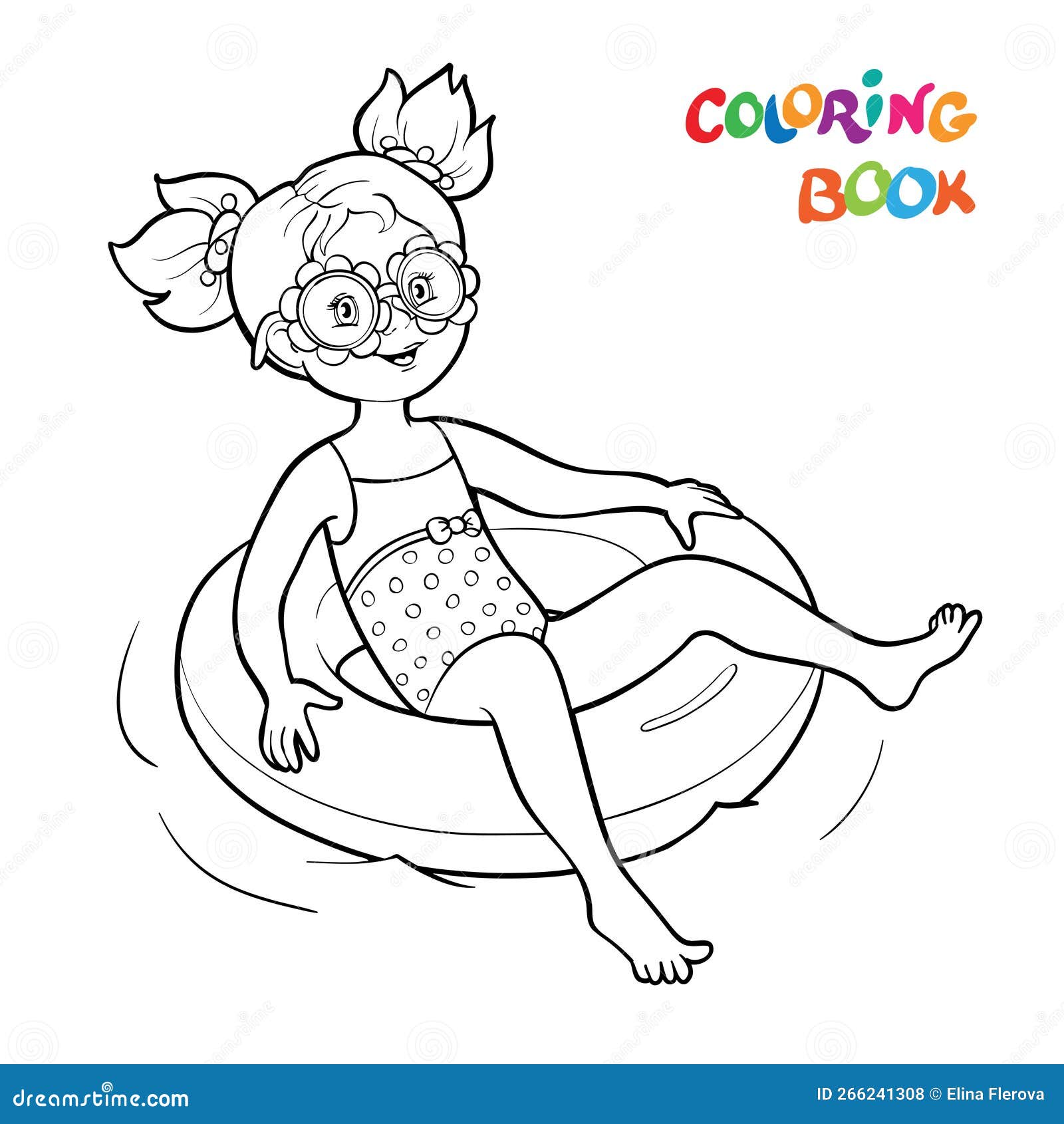 Coloring page happy girl swim on rubber rings in the water stock vector