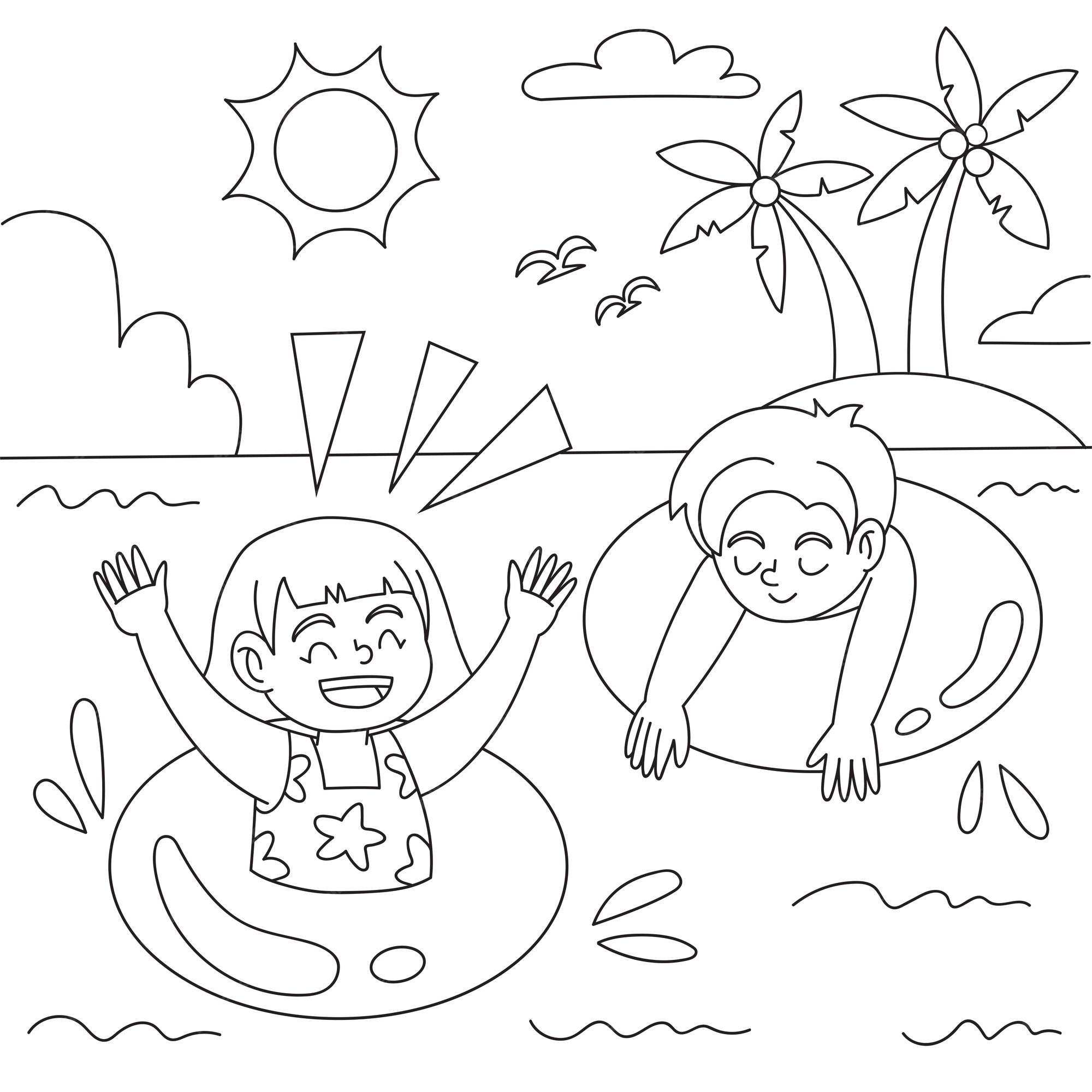 Premium vector kids swimming in the beach coloring page vector illustration