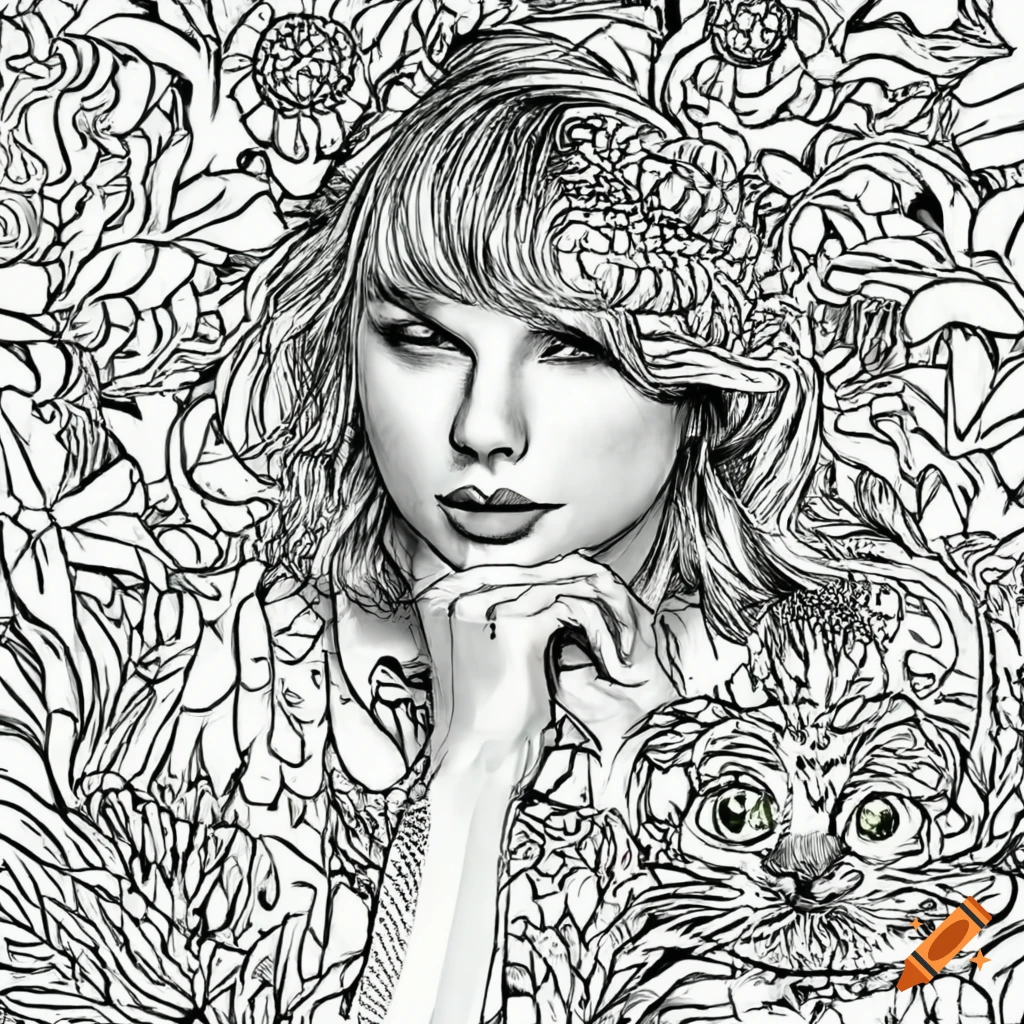 Colouring page for adults image of taylor swift relaxing with her cats white background clean line art fine line art hd on