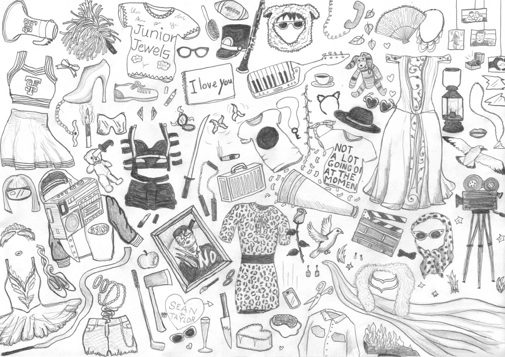 Made this drawing a few years back of objects and outfits from taylors videos rtaylorswift