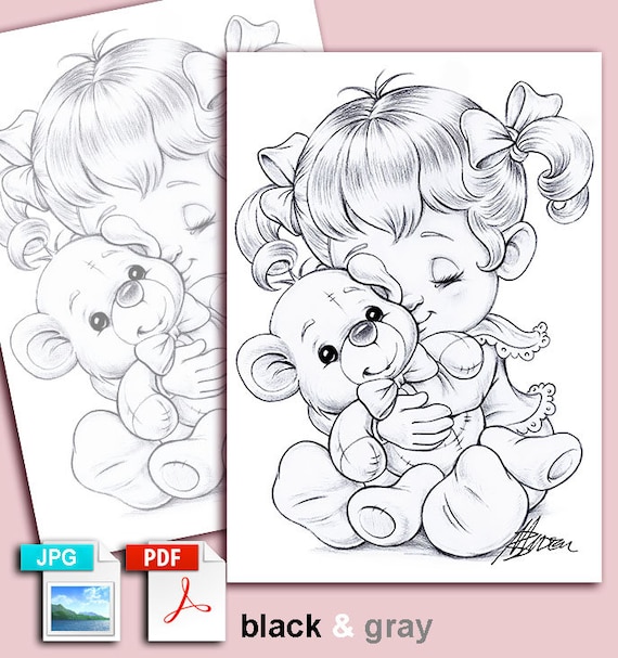 Teddy bear mariola budek coloring page printable adult cute kids colouring pages instant download grayscale lineart illustration pdf instant download