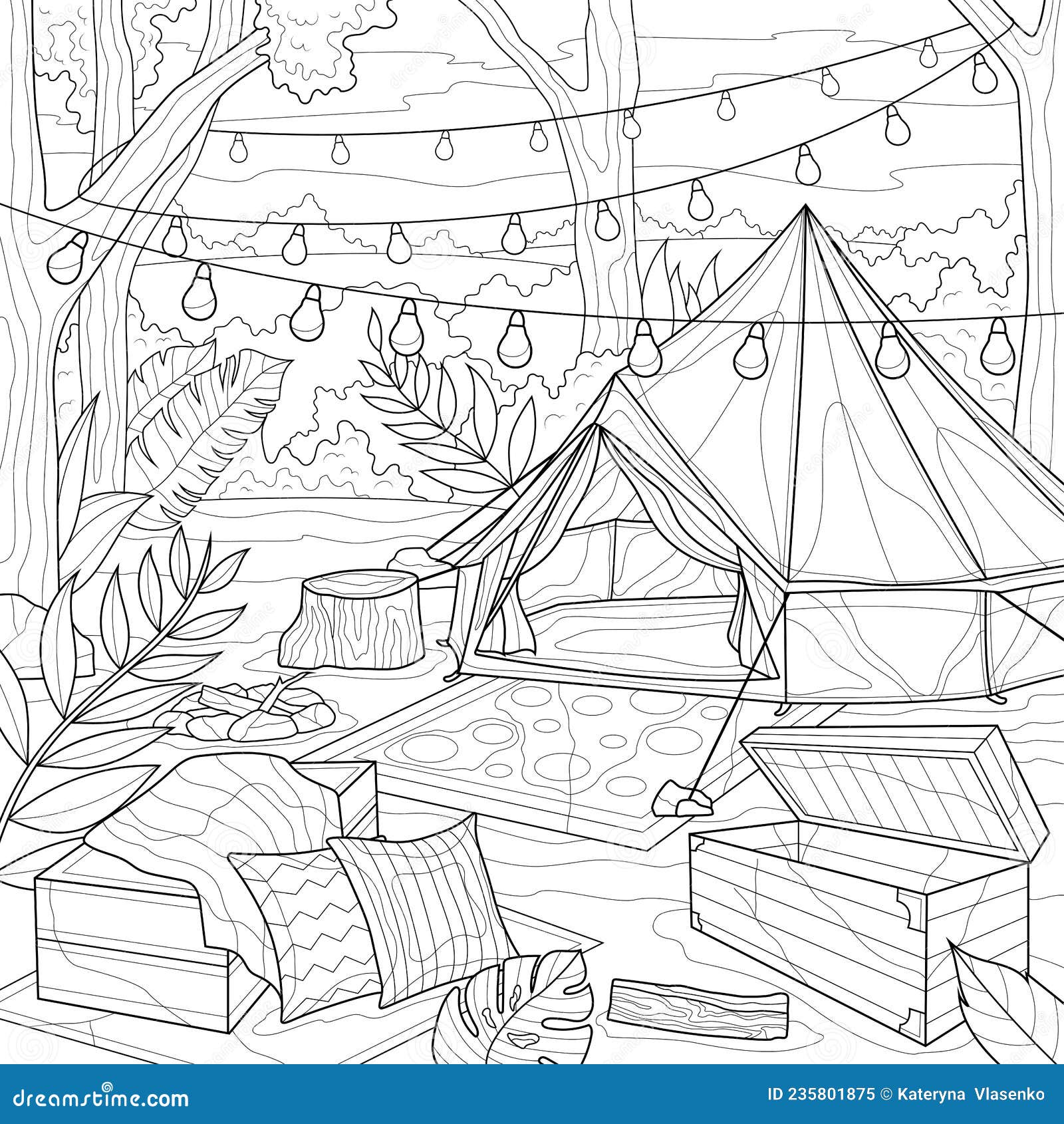 Tent in the forest with lanterns campingcoloring book antistress for children and adults stock vector