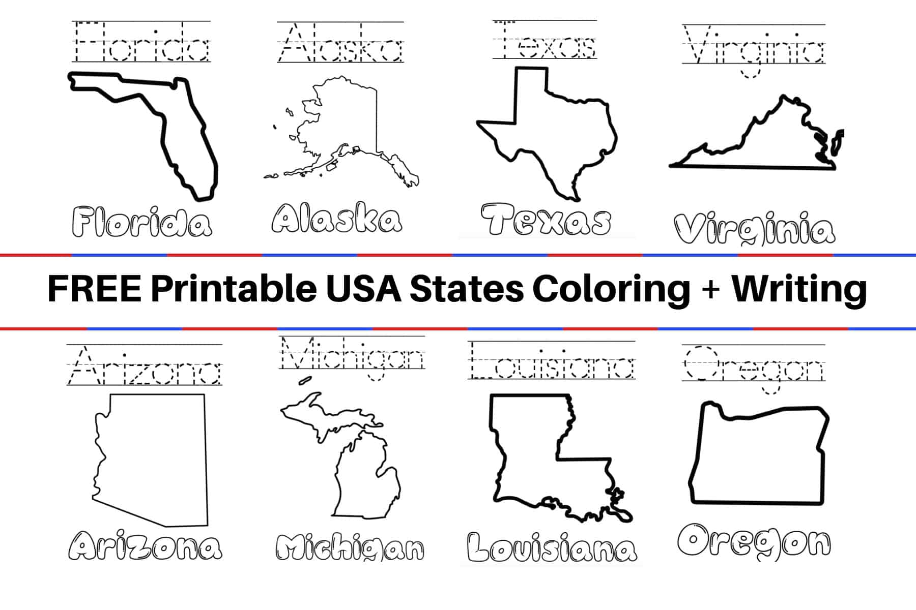 Free united states coloring book and writing worksheets by state