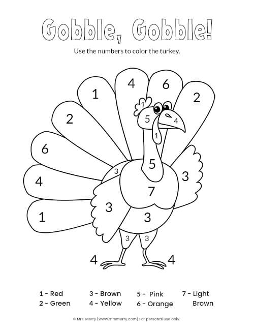 Color by number turkey printable mrs merry