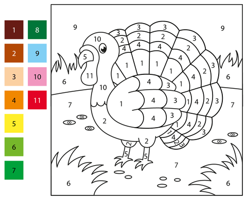 Turkey color by number free printable coloring pages
