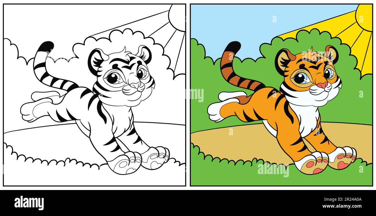Cute happy running tiger cub vector cartoon illustration kids coloring page with a color sample for print design poster sticker card decoratio stock vector image art