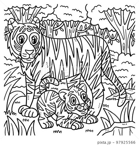 Mother tiger and cub coloring page for kids