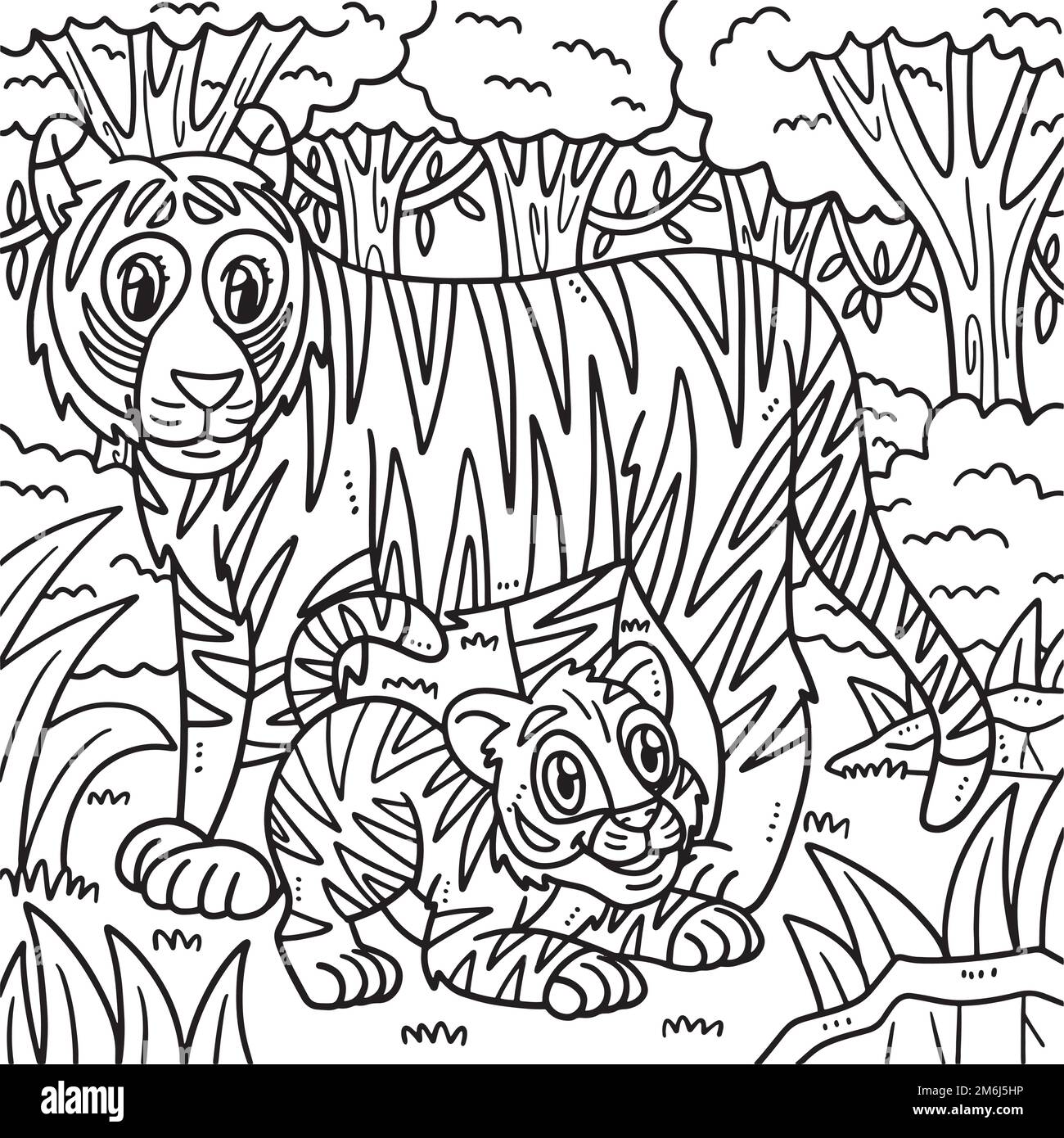 Mother tiger and cub coloring page for kids stock vector image art