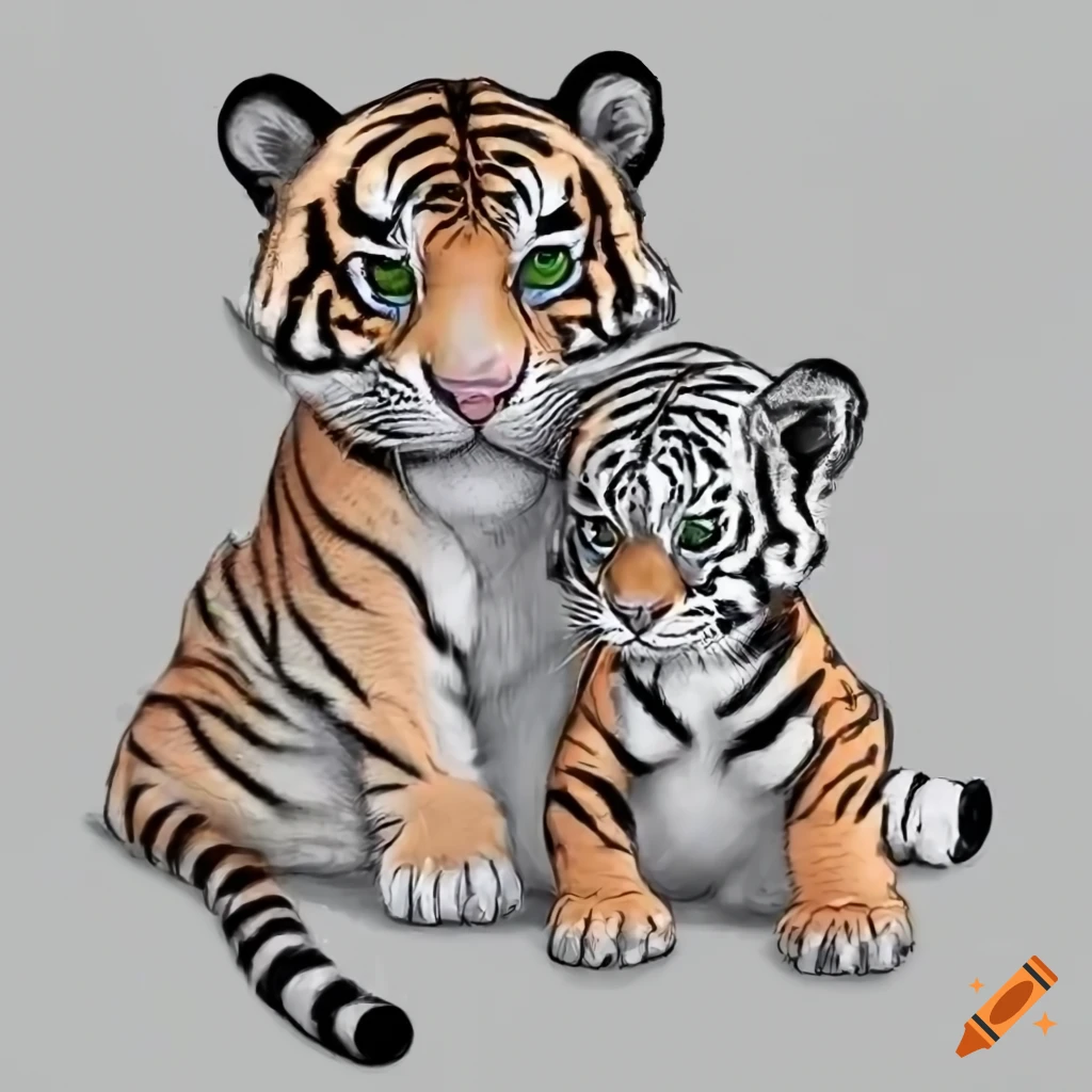 Coloring page of a female tiger and her cub on