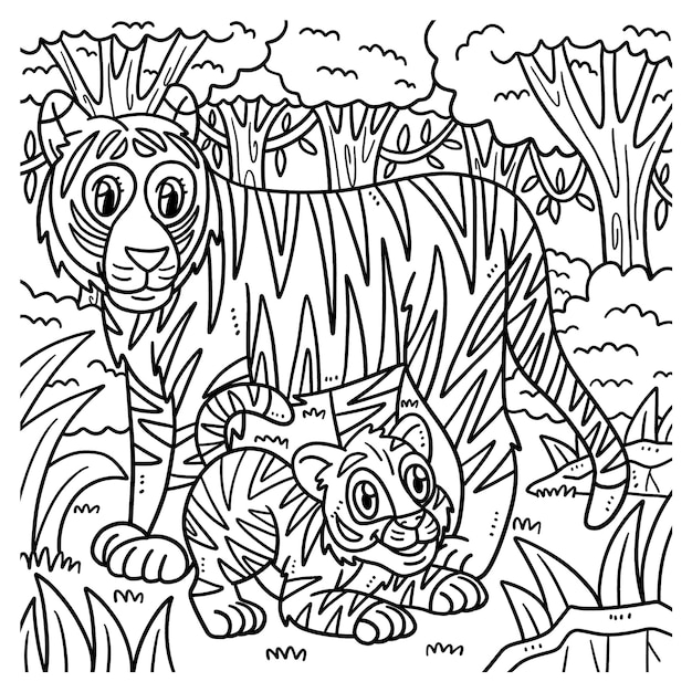 Premium vector mother tiger and cub coloring page for kids
