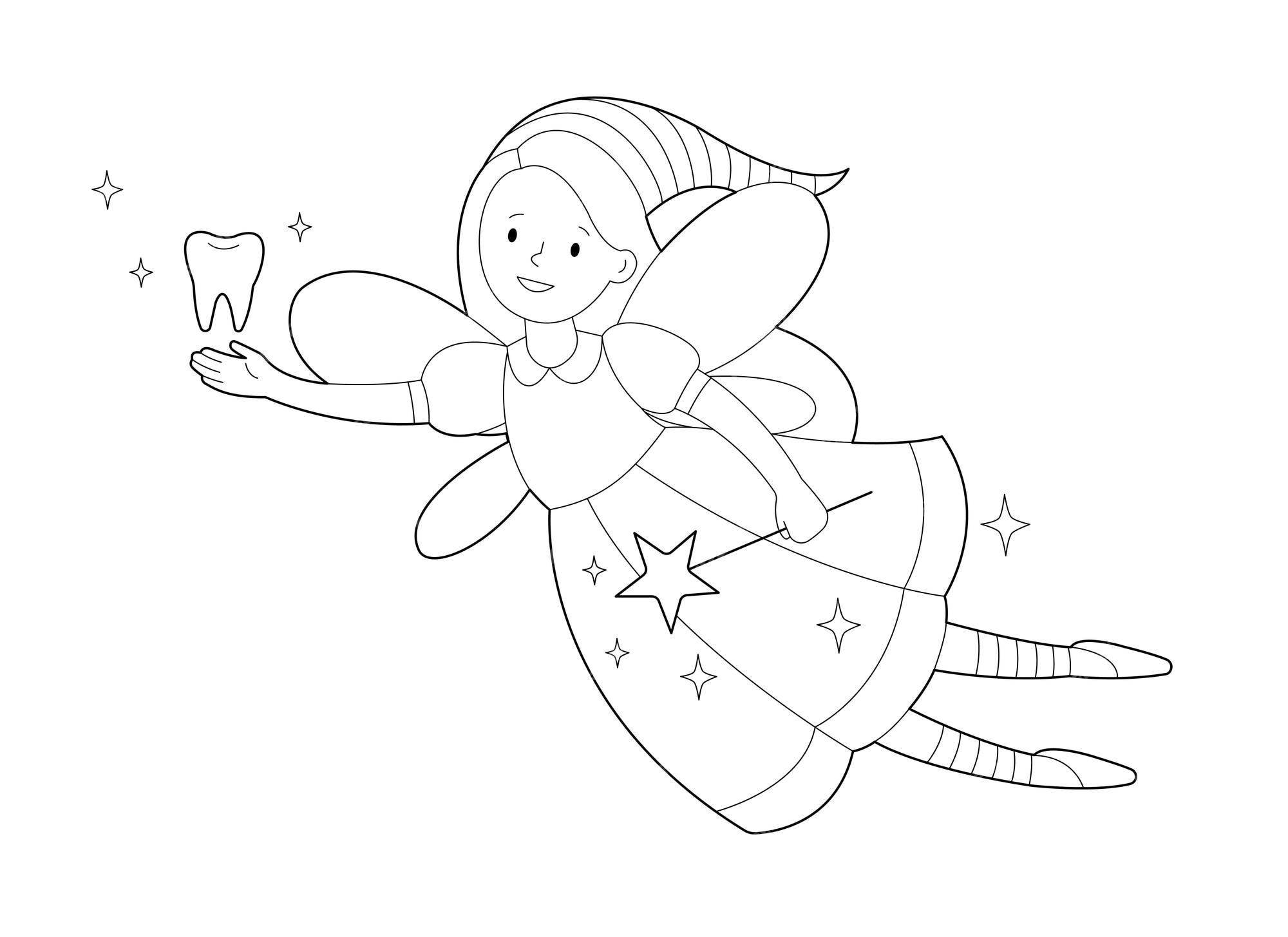 Premium vector smiling tooth fairy with magic wand and tooth contour linear illustration coloring page for kids