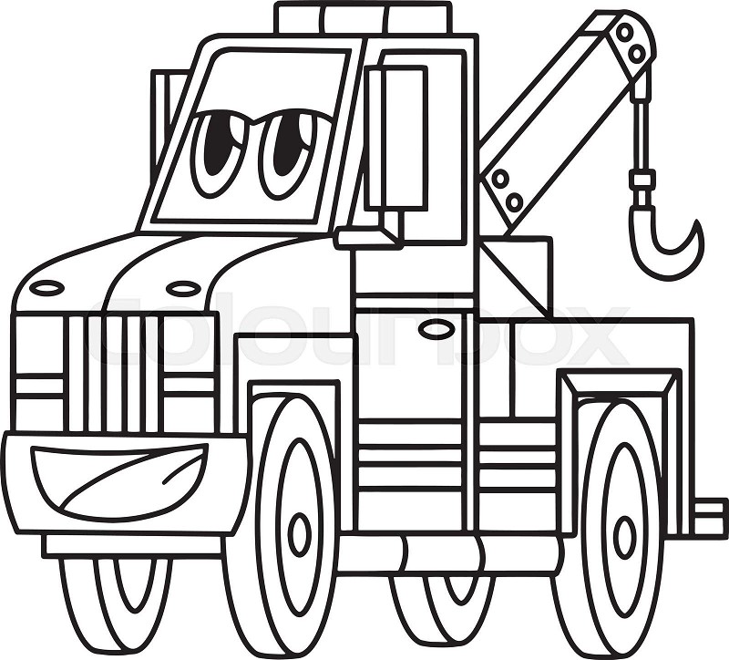 Tow truck with face vehicle coloring page stock vector