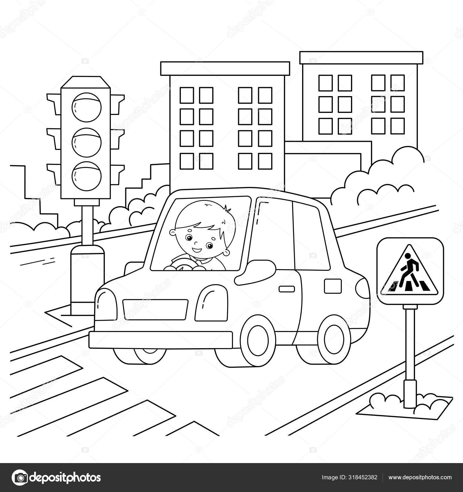 Coloring page outline of cartoon car with driver on road traffic light image transport or vehicle for children coloring book for kids stock vector by oleon