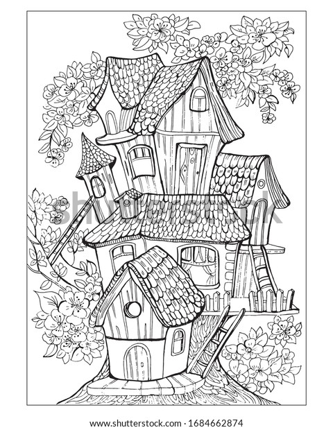 Fairytale tree house coloring pages children stock vector royalty free
