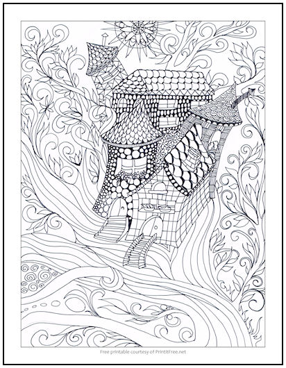 Zentangle treehouse coloring page print it free