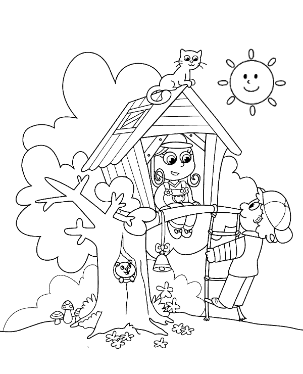 Children in a treehouse coloring page