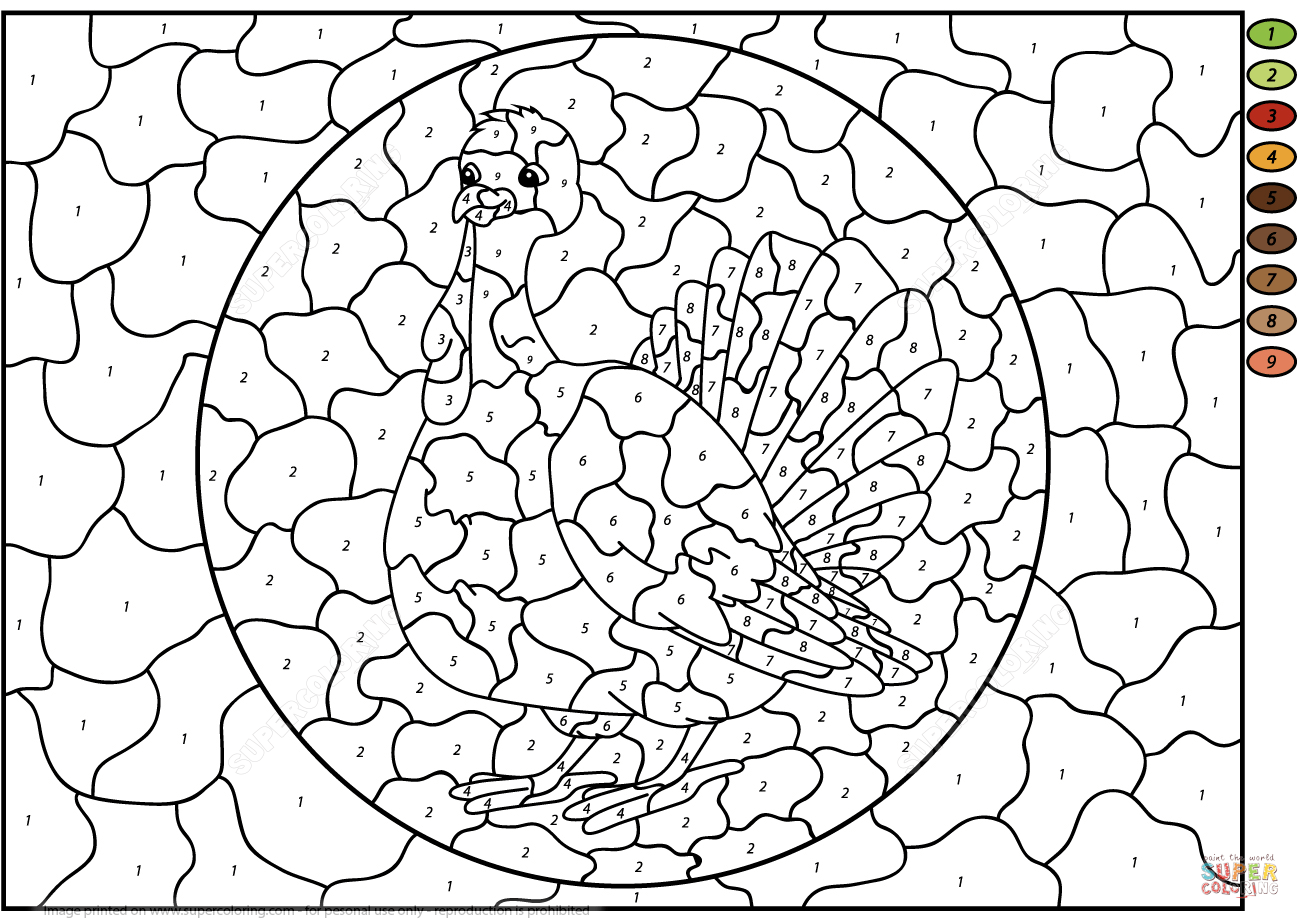 Turkey color by number free printable coloring pages