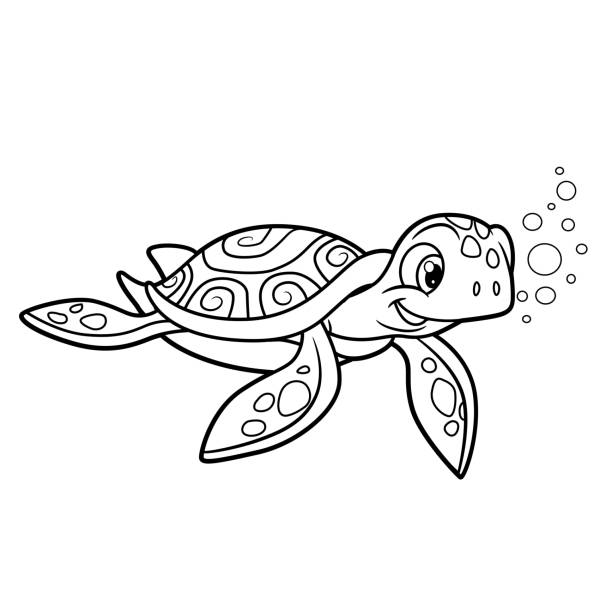 Cute cartoon sea turtle outlined for coloring page isolated on white background stock illustration