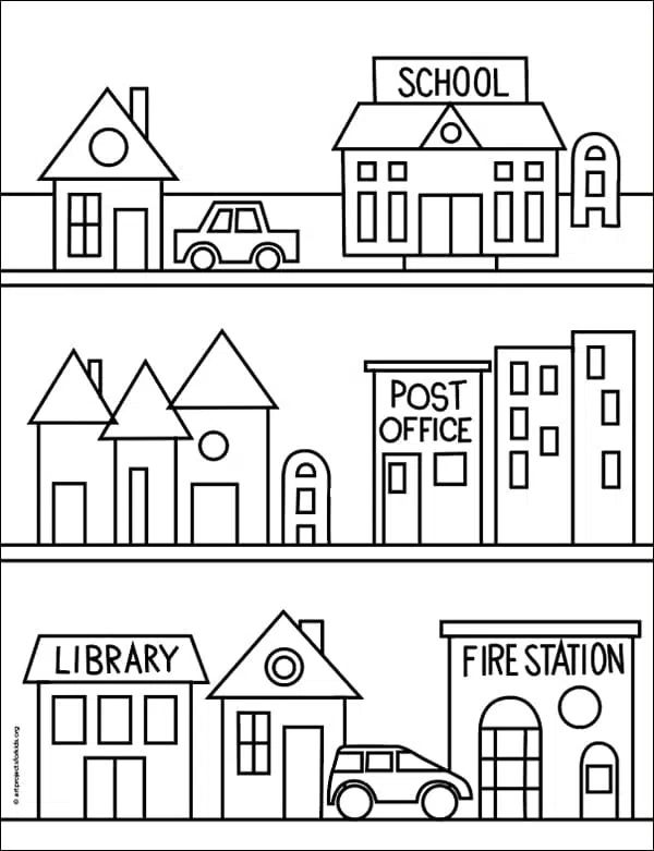 Easy how to draw your neighborhood tutorial and neighborhood coloring page the neighbourhood school coloring pages kindergarten drawing