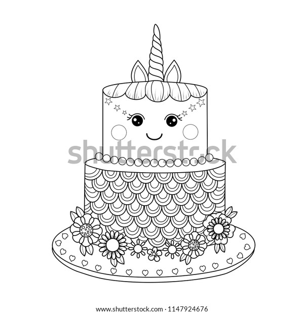 Unicorn cake coloring book adult vector stock vector royalty free