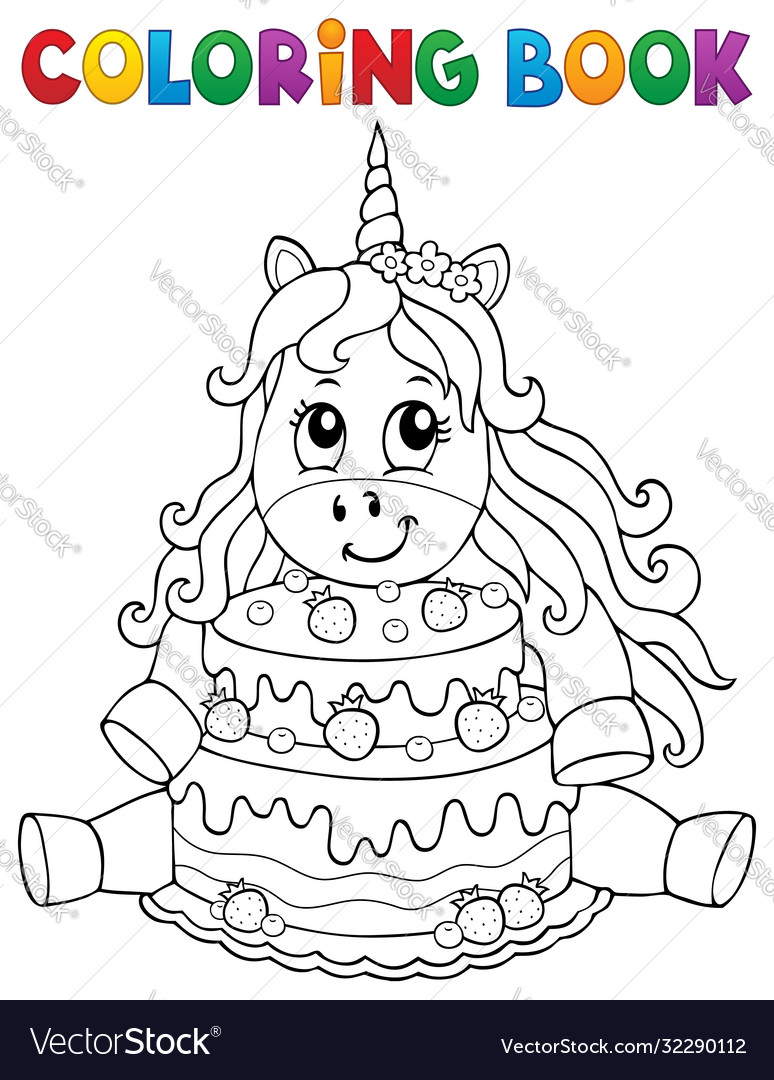 Coloring book unicorn with cake royalty free vector image