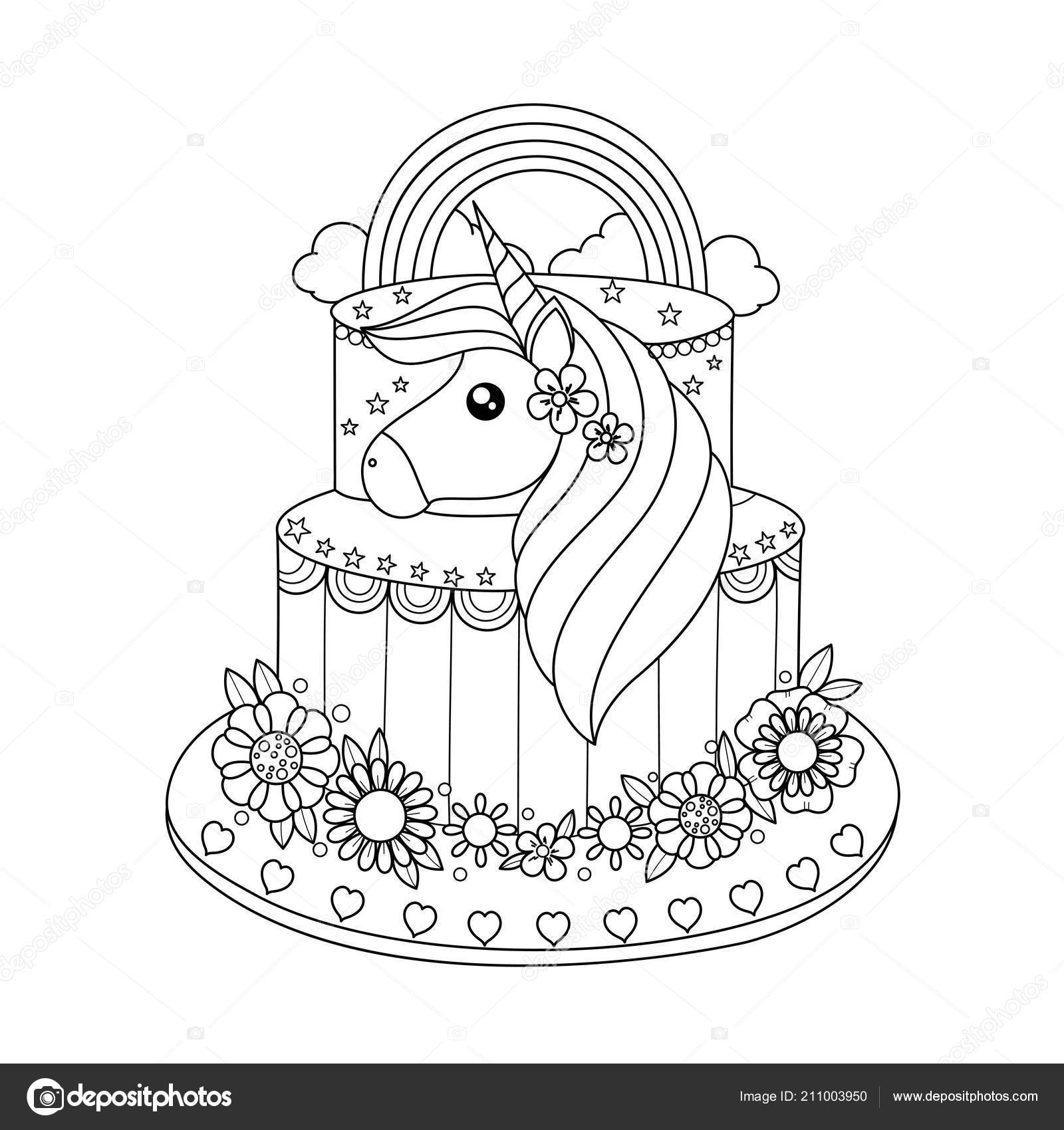 Unicorn cake coloring book adult vector illustration handdrawn doodle style stock vector by noonizen