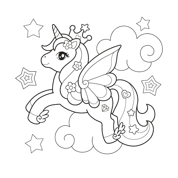 Premium vector magical unicorn coloring page illustration