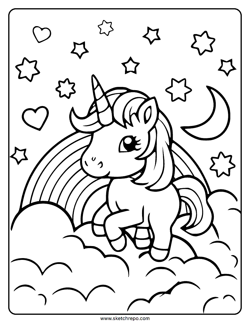 Unicorn with rainbow coloring page