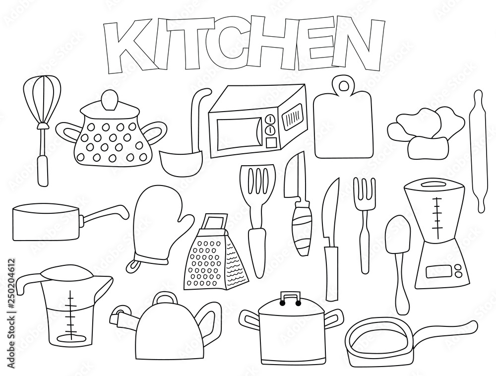 Kitchen utensils set of icons and objects hand drawn doodle cooking supplies design concept black and white outline coloring page game monochrome line art vector illustration vector