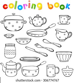 Tableware kitchenware coloring book illustration children stock illustration